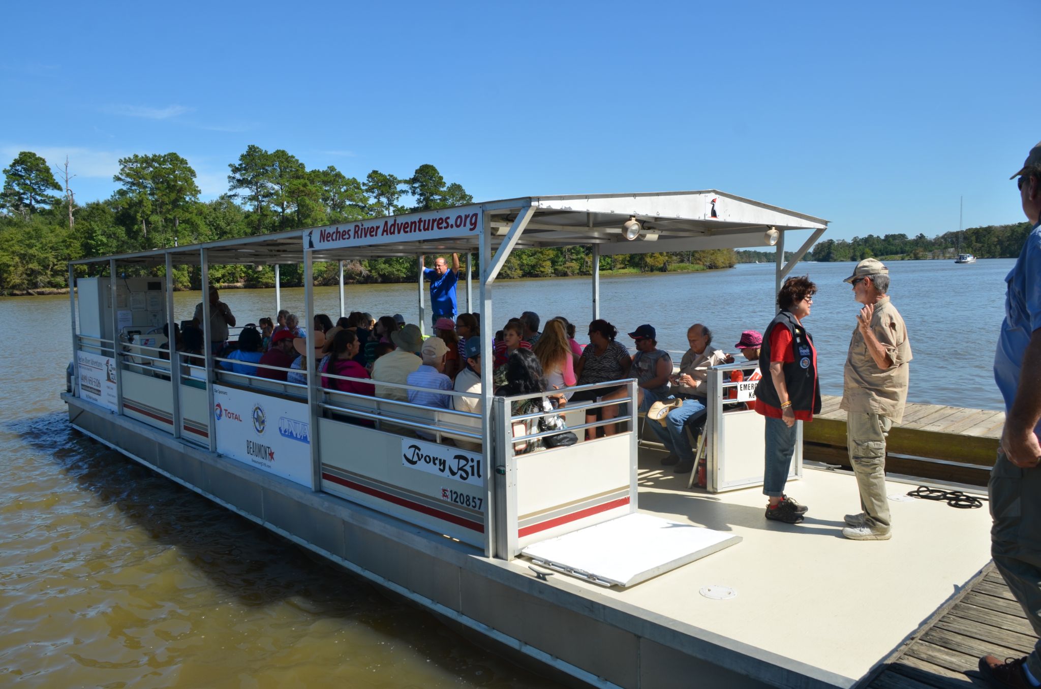 Neches River Adventures Ivory Bill boat with visitors aboard